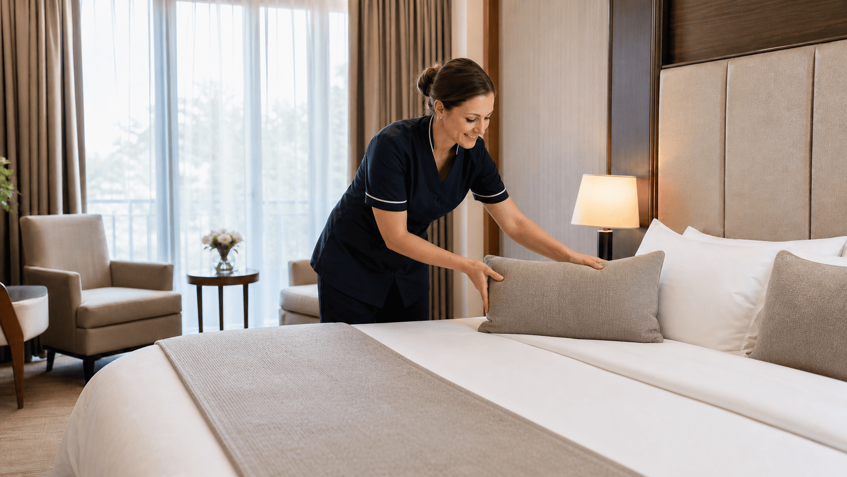 Housekeeping-Mitarbeiterin bei der Arbeit im Hotelzimmer